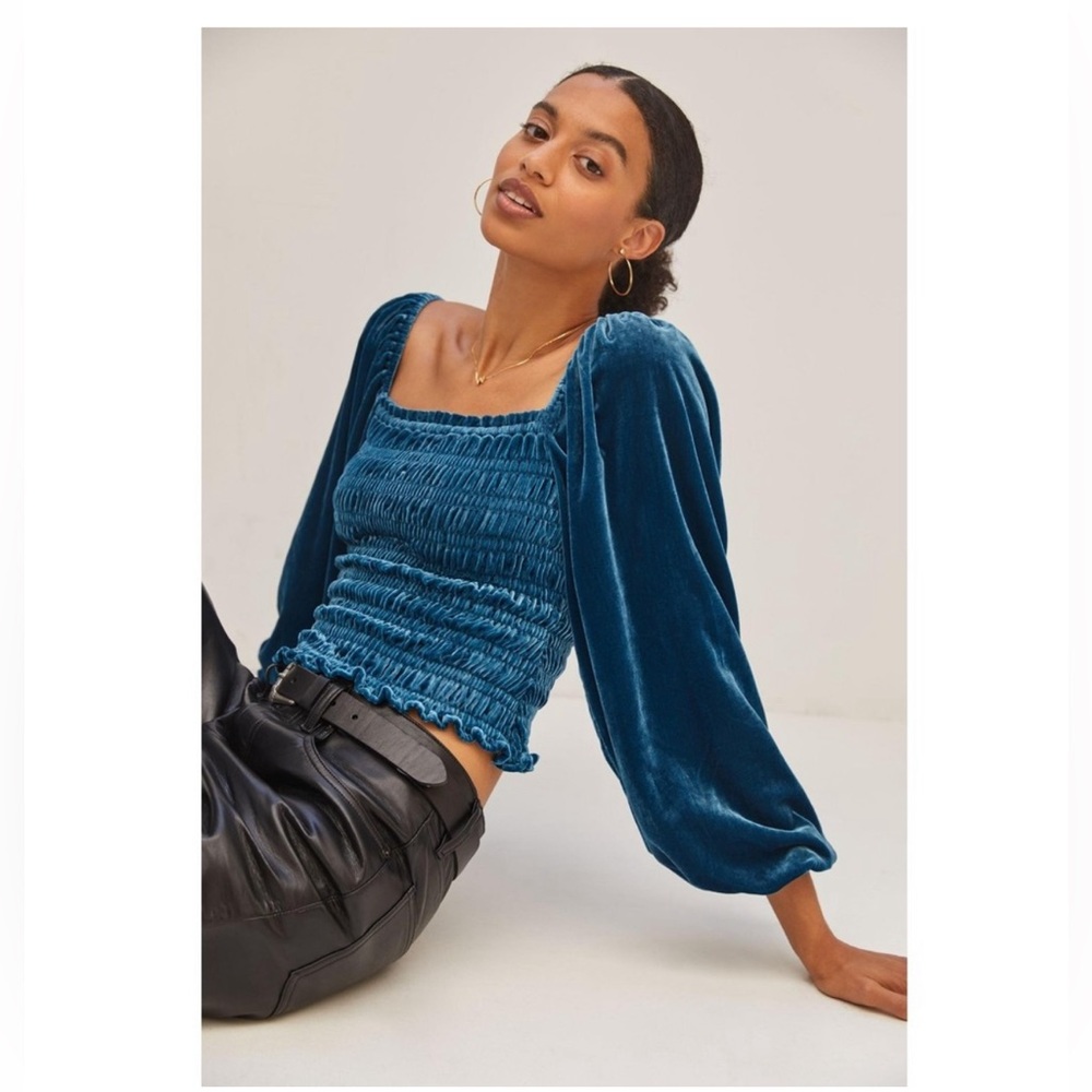Anthropology Blue Velvet Long Puff Sleeve size S